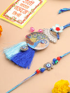 NVR Set of 2 Blue Evil Eye & Peacock Design Artificial Beads Bhaiya Bhabhi Rakhi With Roli Chawal Chandan & Mishri - Distacart