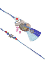 NVR Set of 2 Blue Evil Eye & Peacock Design Artificial Beads Bhaiya Bhabhi Rakhi With Roli Chawal Chandan & Mishri - Distacart