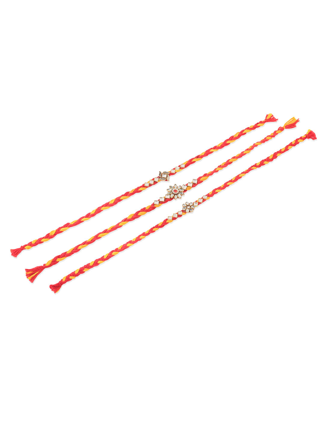 NVR Men Set of 3 Red & Yellow Kundan Studded Floral Design Thread Rakhi Combo - Distacart