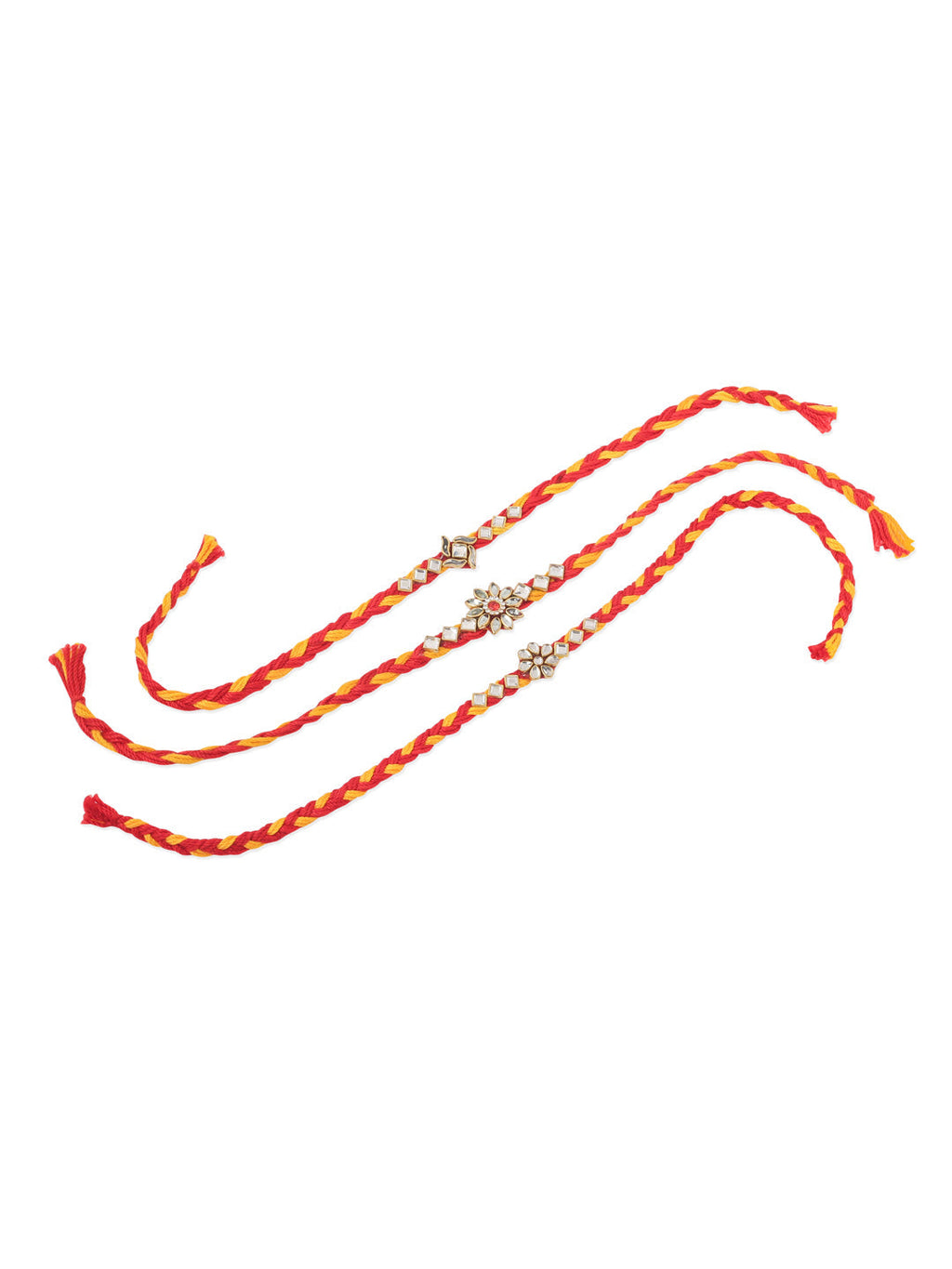 NVR Men Set of 3 Red & Yellow Kundan Studded Floral Design Thread Rakhi Combo - Distacart
