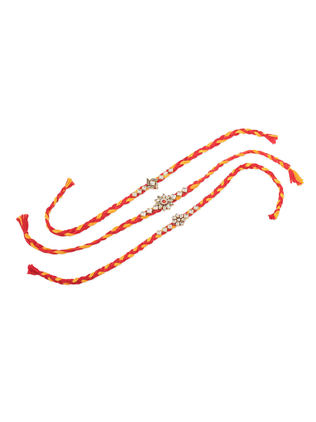 NVR Men Set of 3 Red & Yellow Kundan Studded Floral Design Thread Rakhi Combo - Distacart
