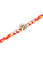 NVR Men Set of 3 Red & Yellow Kundan Studded Floral Design Thread Rakhi with Roli Chawal Chandan & Mishri - Distacart