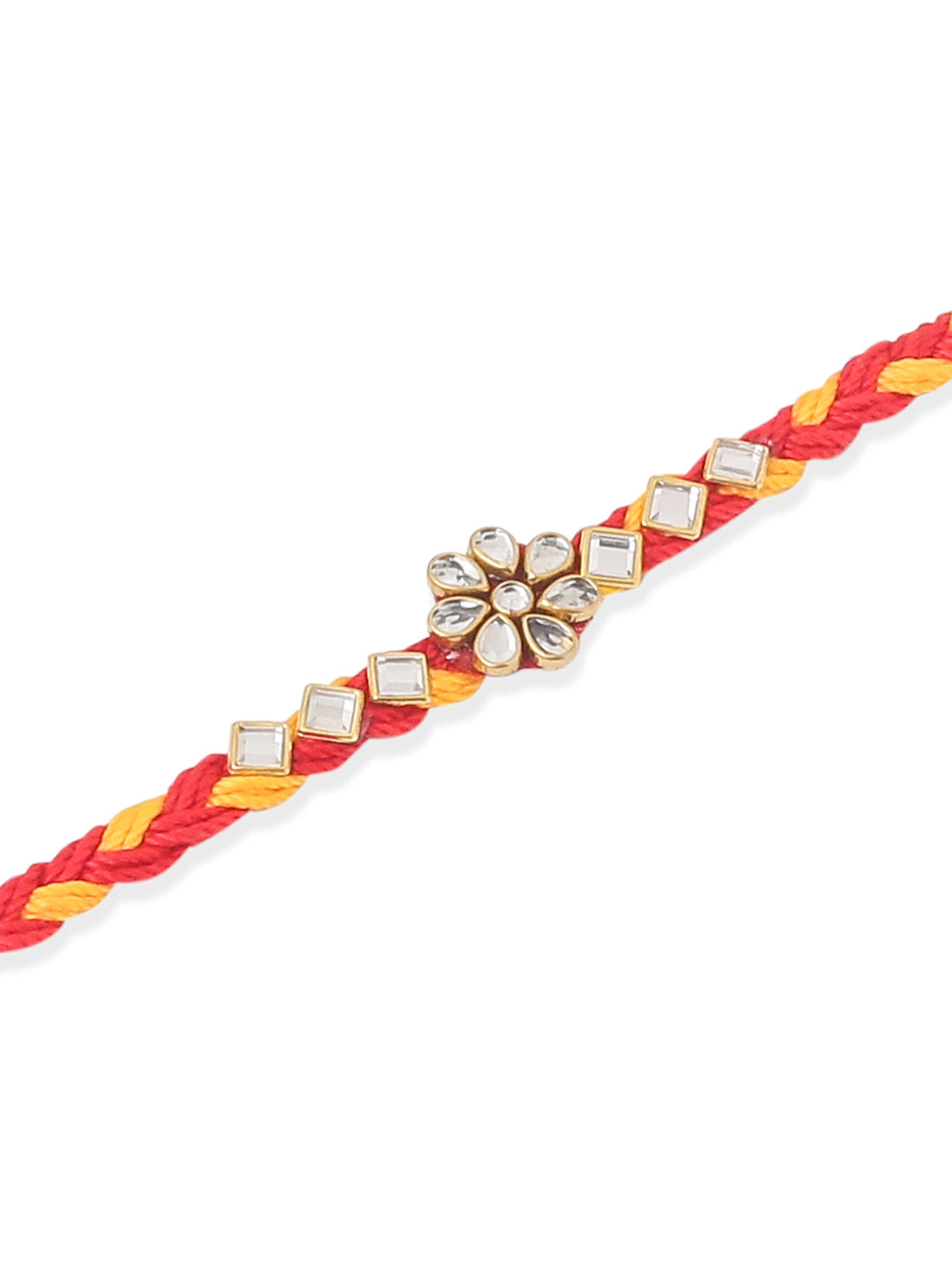 NVR Men Set of 3 Red & Yellow Kundan Studded Floral Design Thread Rakhi with Roli Chawal Chandan & Mishri - Distacart