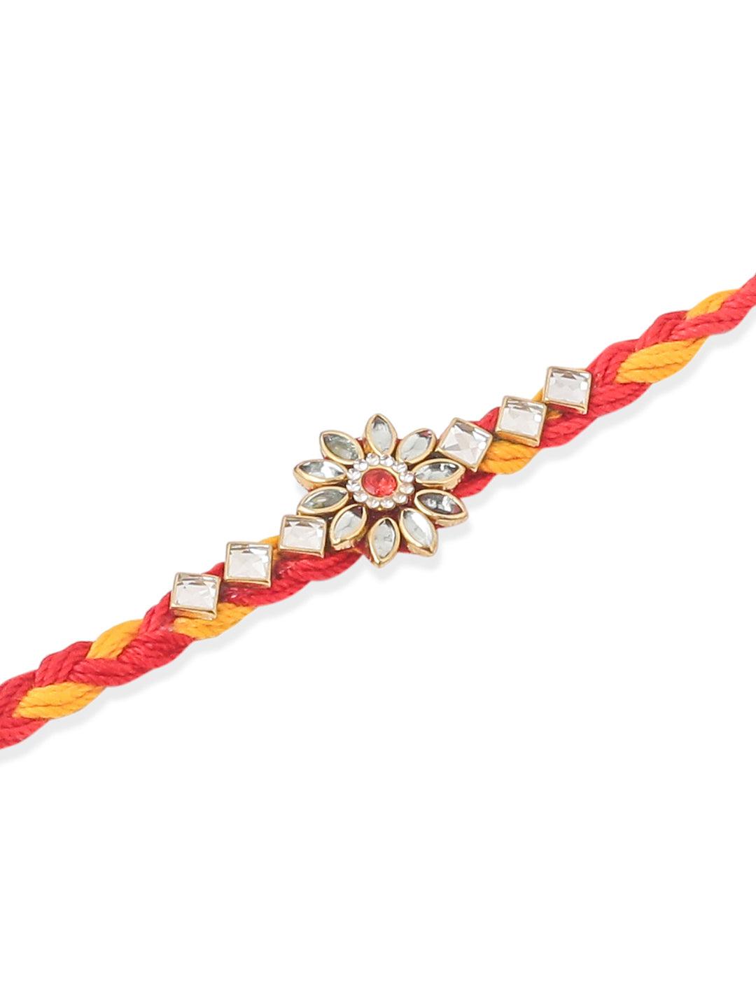 NVR Men Set of 3 Red & Yellow Kundan Studded Floral Design Thread Rakhi with Roli Chawal Chandan & Mishri - Distacart