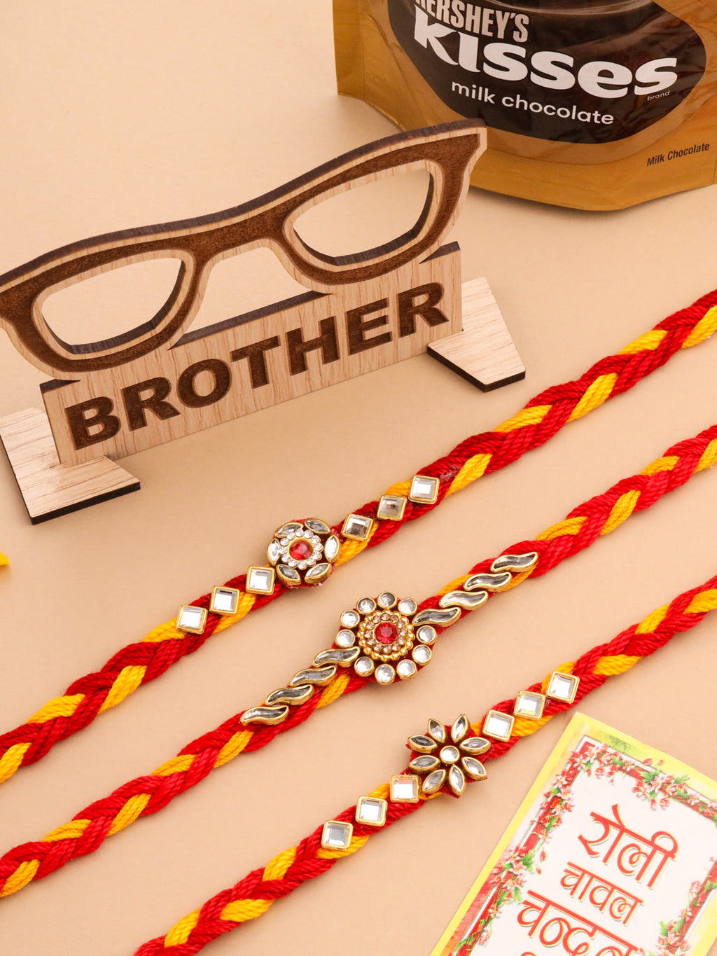 NVR Men Set of 3 Red & Yellow Kundan Studded Floral Design Thread Rakhi Combo - Distacart