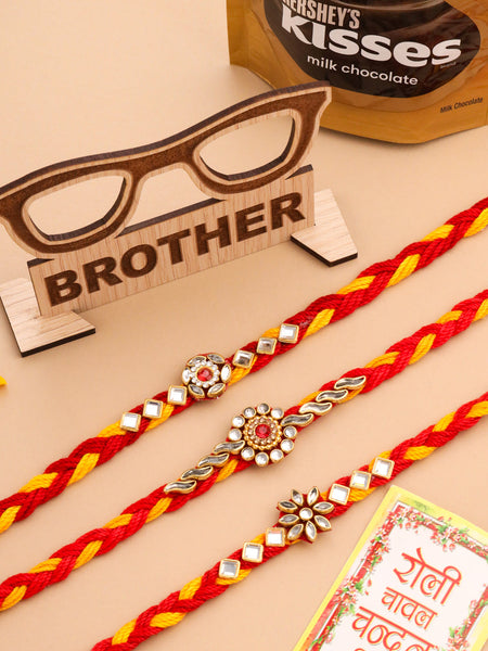 NVR Men Set of 3 Red & Yellow Kundan Studded Floral Design Thread Rakhi Combo