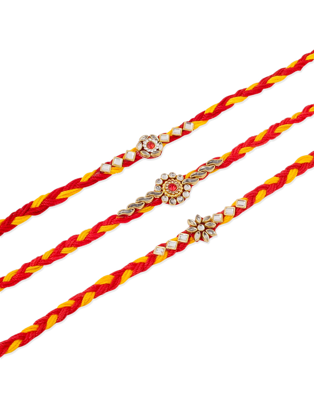 NVR Men Set of 3 Red & Yellow Kundan Studded Floral Design Thread Rakhi Combo - Distacart