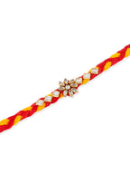 NVR Men Set of 6 Red & Yellow Kundan Studded Floral Design Thread Rakhi with Roli Chawal Chandan & Mishri - Distacart