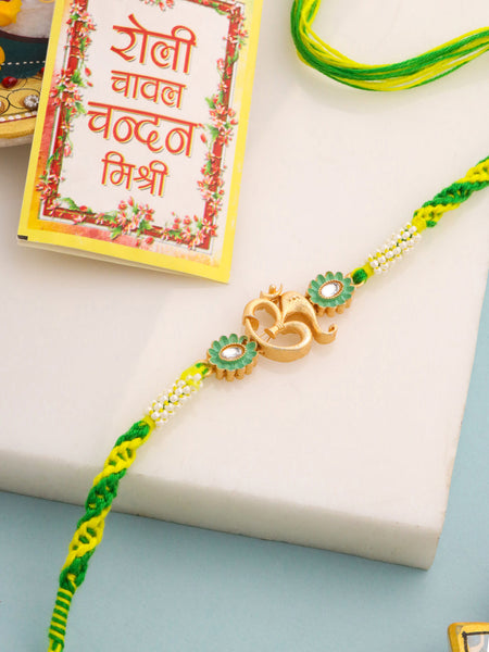 NVR Men Green Kundan Studded Om Design Thread Rakhi with Roli Chawal Chandan & Mishri
