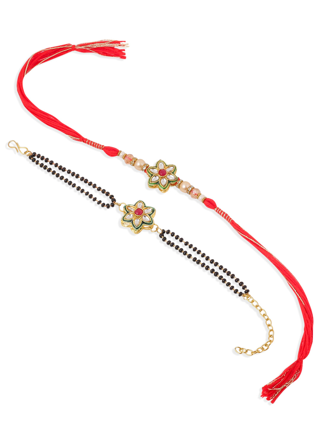 NVR Set of 2 Gold Toned Kundan Studded Floral Shape Bhaiya Bhabhi Rakhi Combo - Distacart