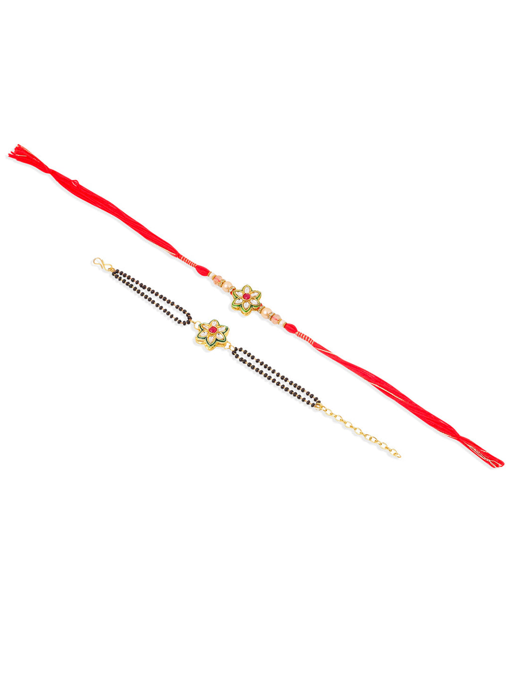 NVR Set of 2 Gold Toned Kundan Studded Floral Shape Bhaiya Bhabhi Rakhi Combo - Distacart