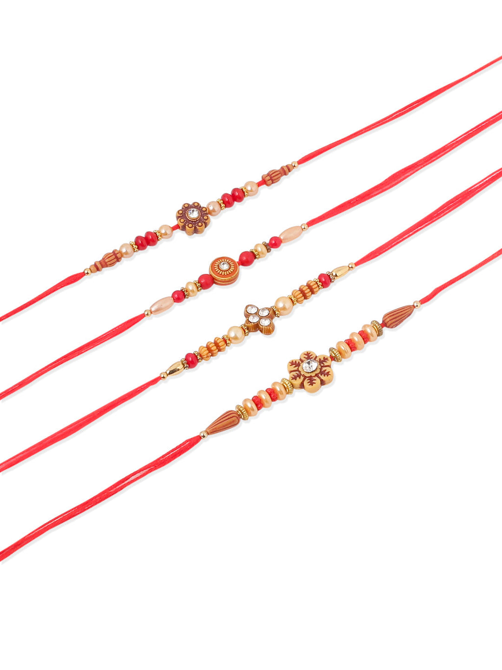 NVR Men Set of 4 Red Artificial Stones & Beads Floral Shape Thread Rakhi with Roli Chawal Chandan & Mishri - Distacart