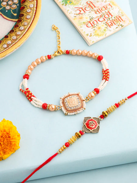 NVR Set of 2 Gold Toned Artificial Stones & Beads Om Design Bhaiya Bhabhi Rakhi with Roli Chawal Chandan & Mishri