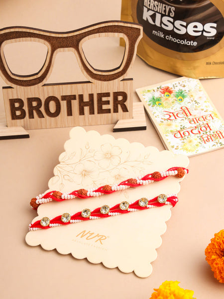 NVR Men Set of 2 Red Artificial Stones & Rudraksh Thread Rakhi, Combo for Rakshabandhan