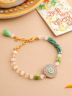 NVR Women Green Artificial Stones & Beads Floral Wraparound Rakhi with Roli Chawal Chandan & Mishri - Distacart