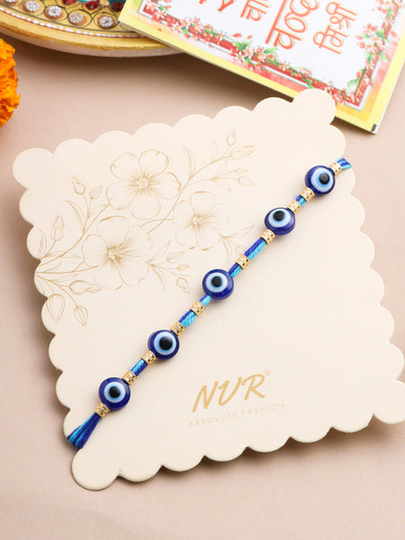 NVR Men's Blue Evil Eye Thread Rakhi with Roli Chawal Chandan & Mishri