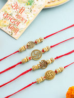 NVR Men Set of 4 Gold Toned Artificial Stones Swastik Design Thread Rakhi with Roli Chawal Chandan & Mishri - Distacart