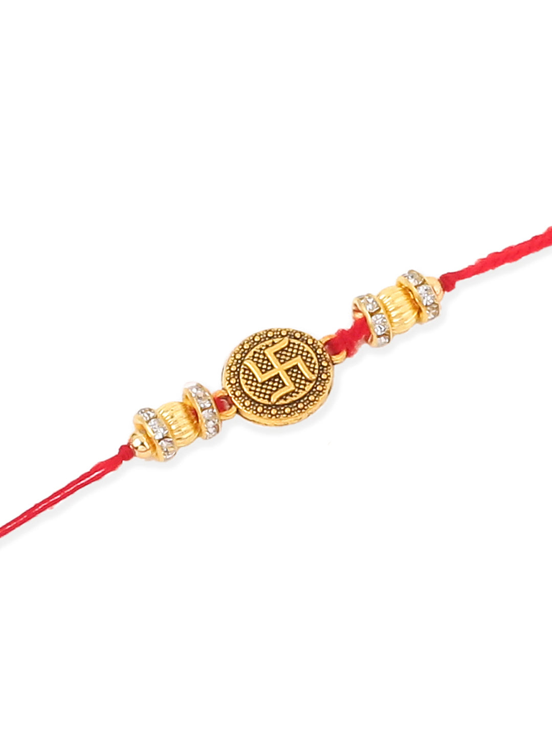 NVR Men Set of 4 Gold Toned Artificial Stones Swastik Design Thread Rakhi with Roli Chawal Chandan & Mishri - Distacart