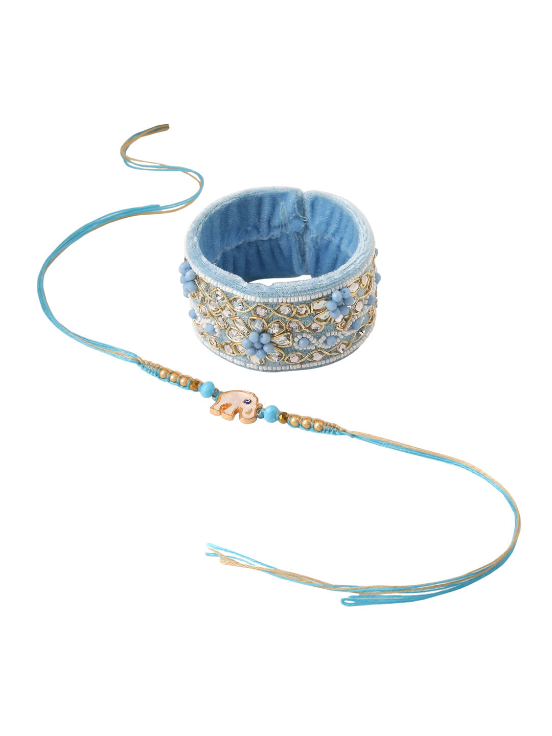 NVR Set of 2 Blue Artificial Stones & Beads Floral Bhaiya Bhabhi Rakhi Combo - Distacart