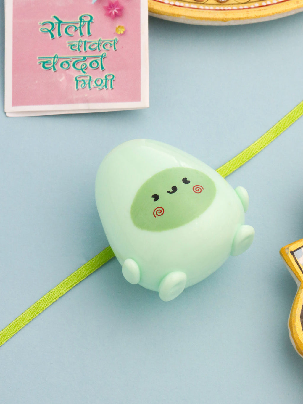 NVR Kids Handmade Green Thread Rakhi with Roli Chawal Chandan & Mishri - Distacart