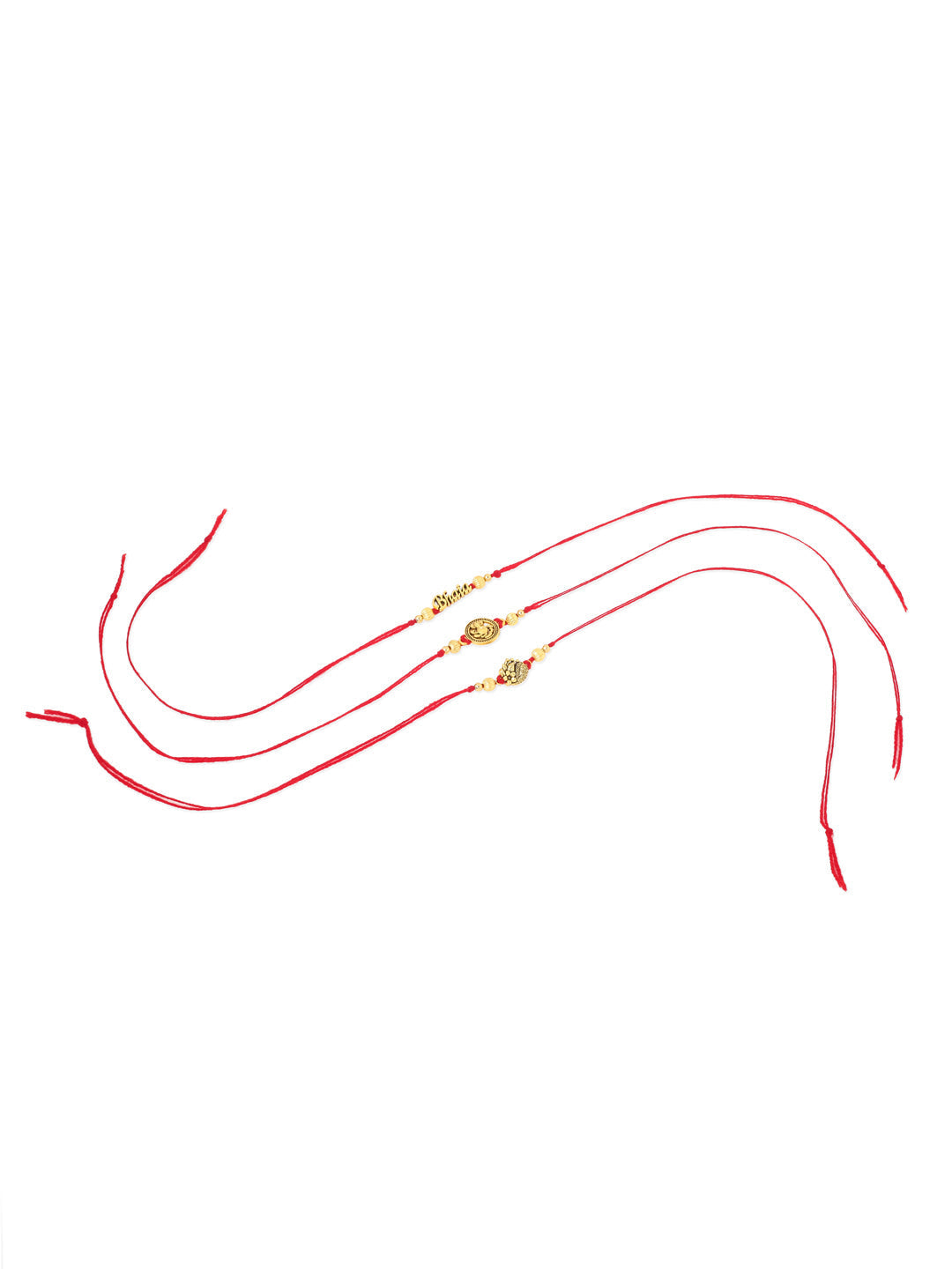 NVR Men Set of 3 Gold Toned Thread Rakhi with Roli Chawal Chandan & Mishri - Distacart