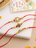 NVR Men Set of 3 Gold Toned Thread Rakhi with Roli Chawal Chandan & Mishri - Distacart