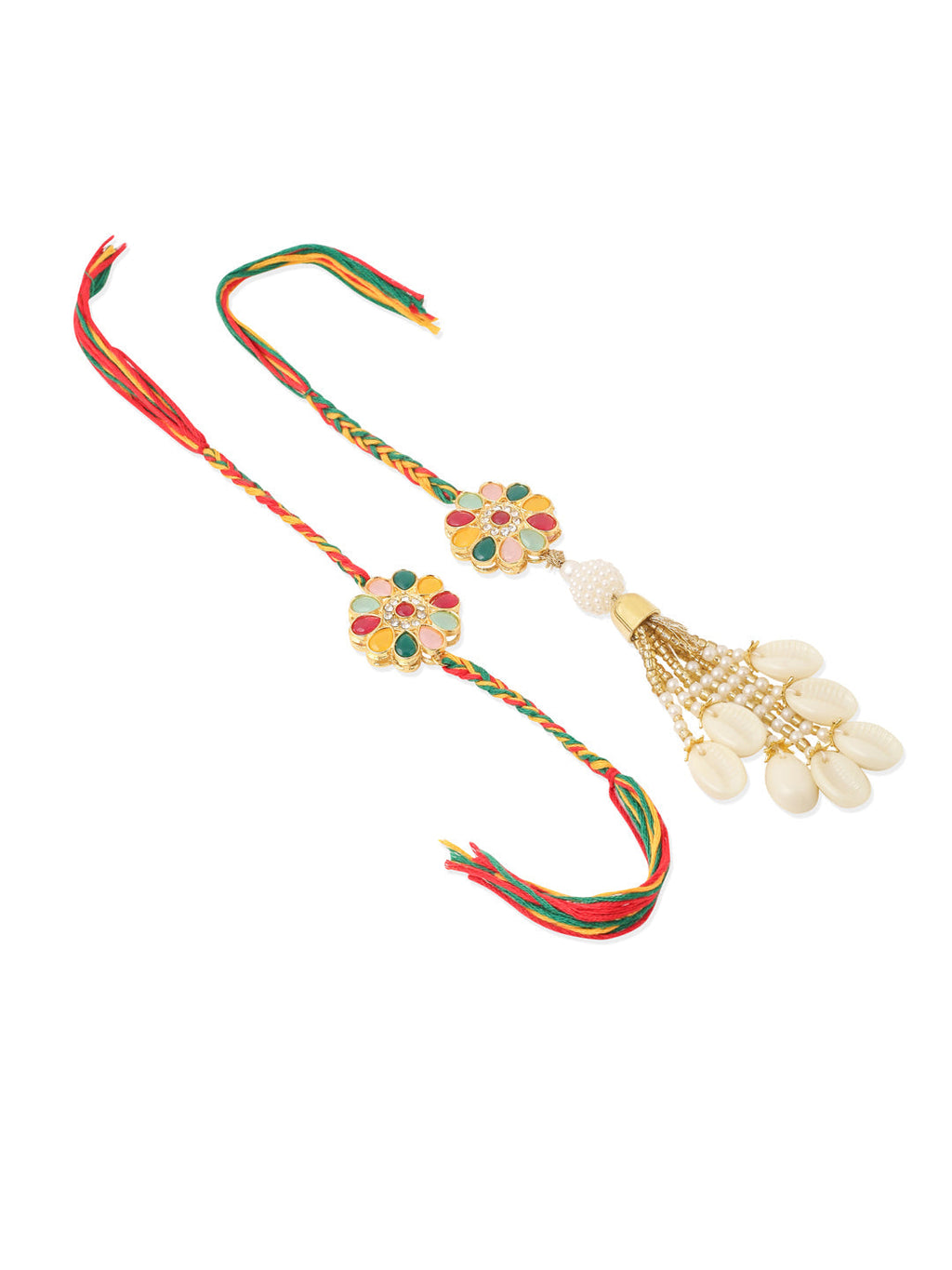 NVR Set of 2 Artificial Beads & Sea Shell Floral Design Bhaiya Bhabhi Rakhi Combo - Distacart