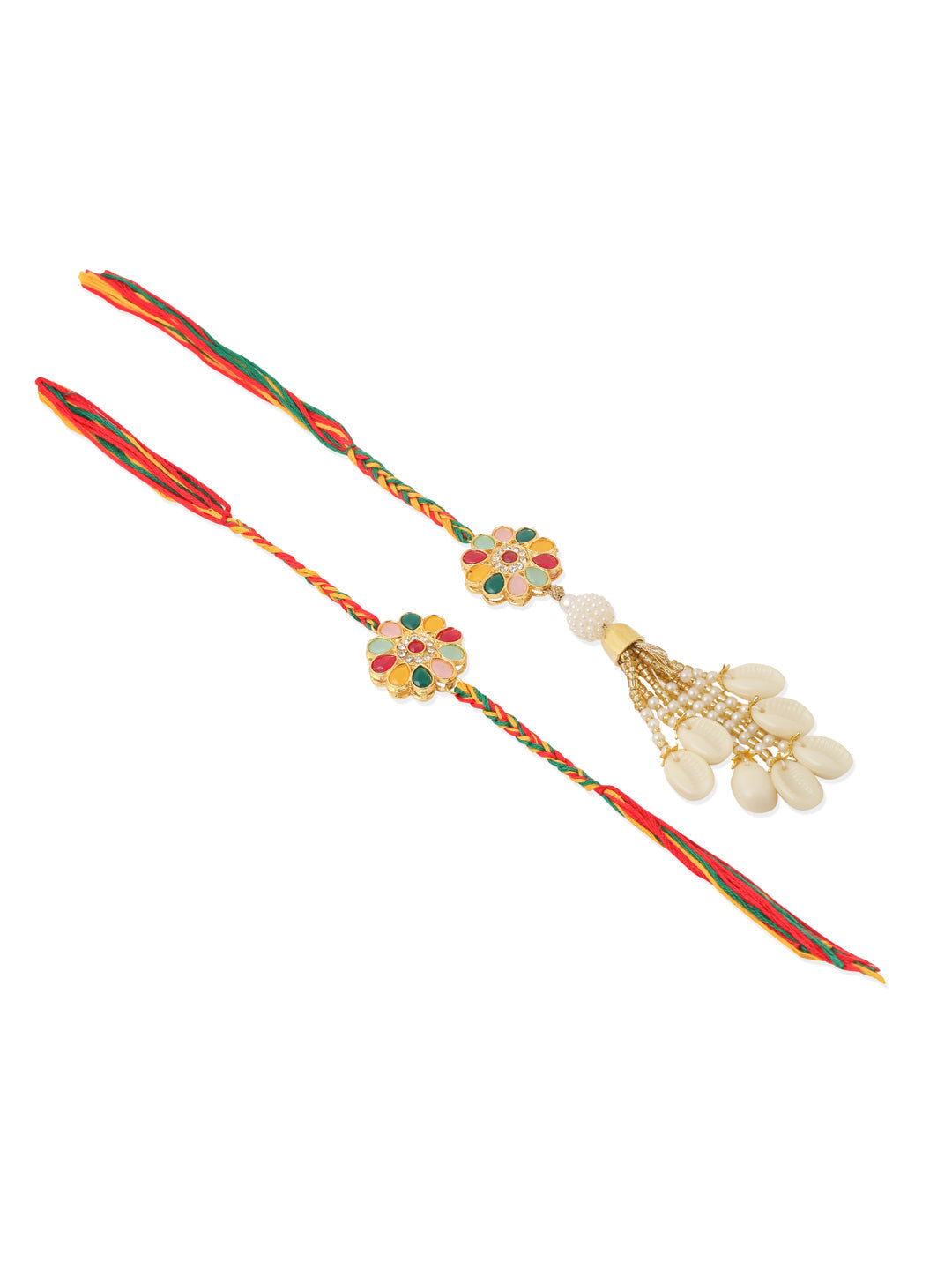 NVR Set of 2 Artificial Beads & Sea Shell Floral Design Bhaiya Bhabhi Rakhi with Roli Chawal Chandan & Mishri - Distacart
