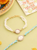 NVR Set of 2 White Pearls & Artificial Beads Bhaiya Bhabhi Rakhi with Roli Chawal Chandan & Mishri - Distacart