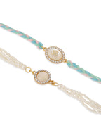 NVR Set of 2 White Pearls & Artificial Beads Bhaiya Bhabhi Rakhi with Roli Chawal Chandan & Mishri - Distacart