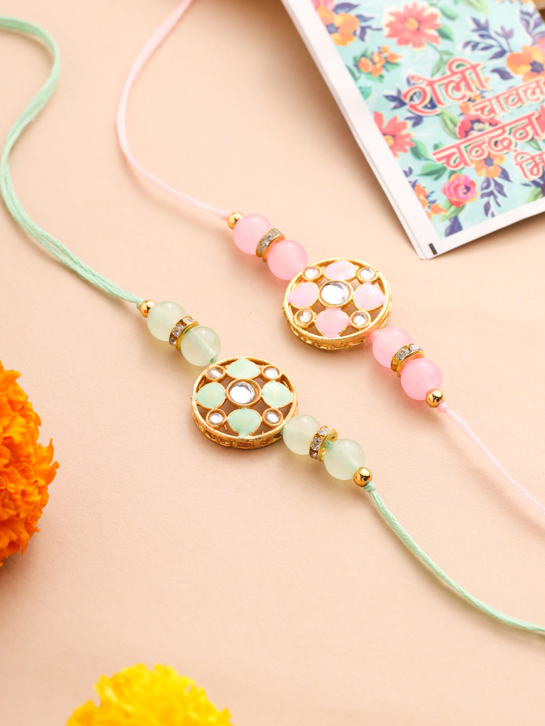 NVR Men Set of 2 Artificial Stones & Beads Floral Design Thread Rakhi with Roli Chawal Chandan & Mishri - Distacart