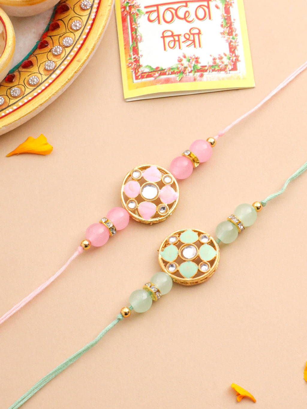 NVR Men Set of 2 Artificial Stones & Beads Floral Design Thread Rakhi with Roli Chawal Chandan & Mishri - Distacart