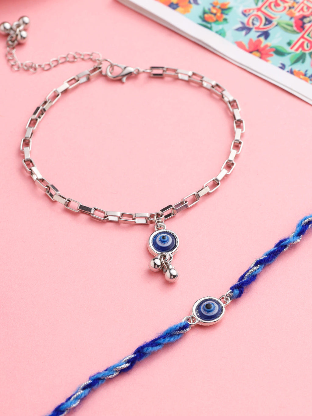 NVR Set of 2 Blue Evil Eye Bhaiya Bhabhi Rakhi with Roli Chawal Chandan & Mishri - Distacart