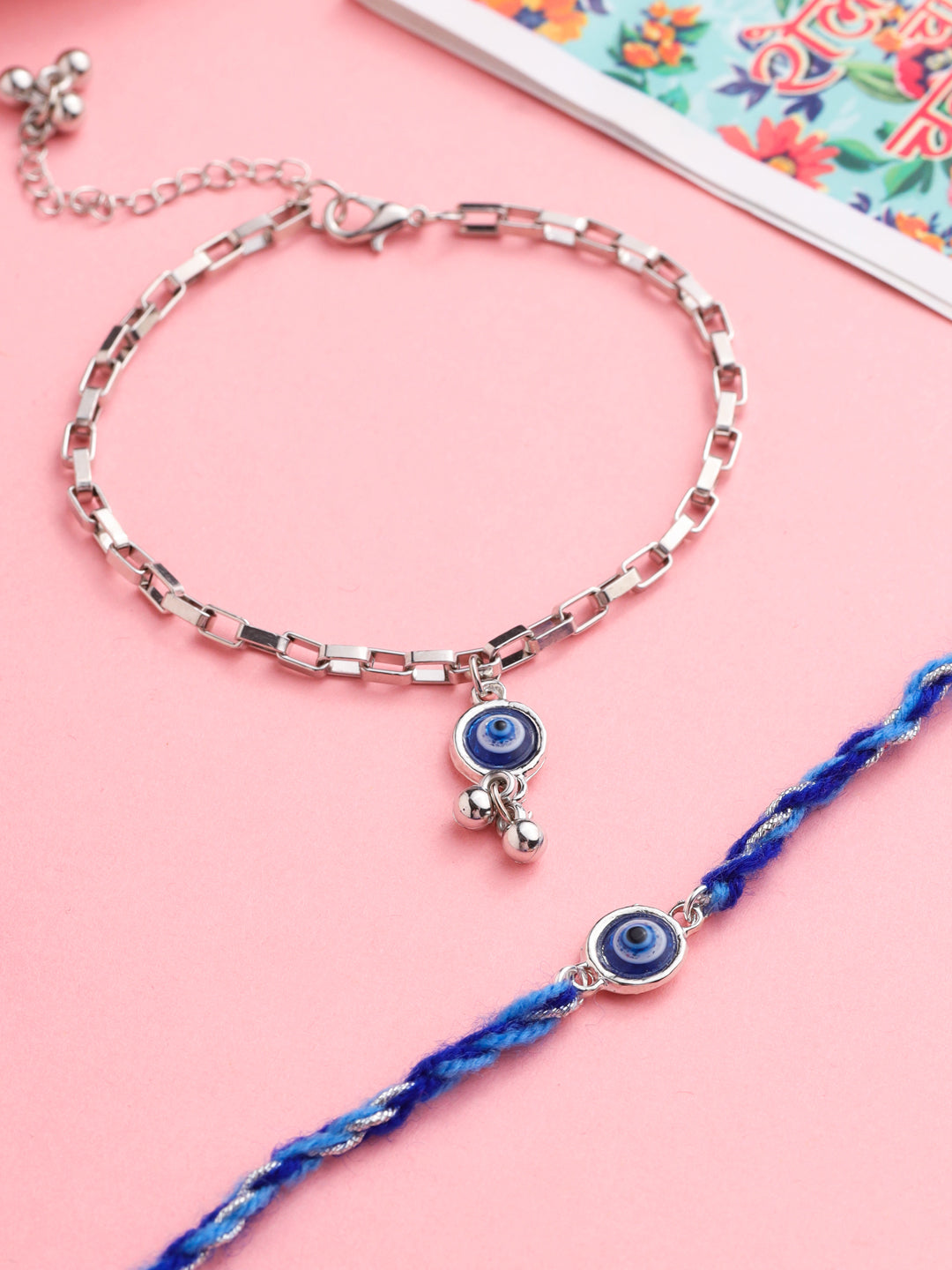 NVR Set of 2 Blue Evil Eye Bhaiya Bhabhi Rakhi with Roli Chawal Chandan & Mishri - Distacart