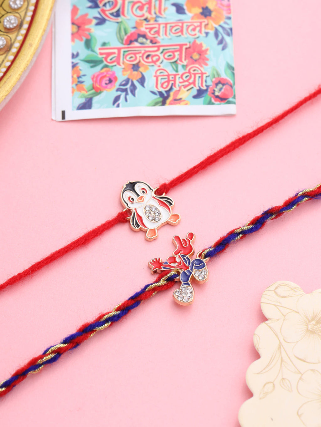 NVR Kids Set of 2 Cartoon Character Blue & Red Thread Rakhi with Roli Chawal Chandan & Mishri - Distacart