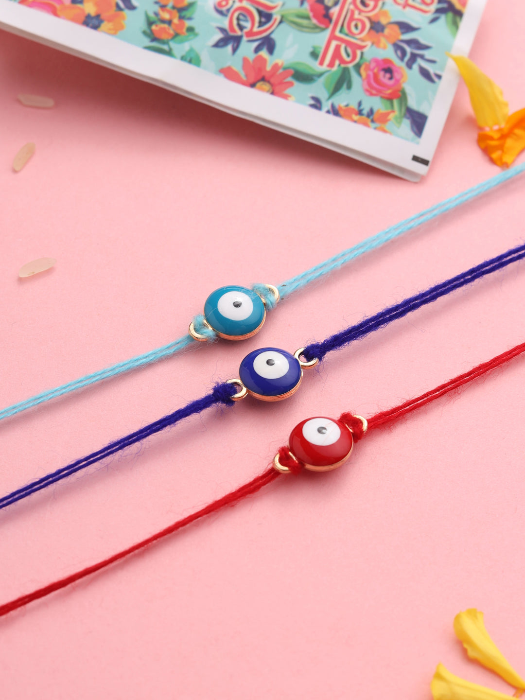 NVR Set of 3 Multicolor Evil Eye Men's Thread Rakhi with Roli Chawal Chandan & Mishri - Distacart