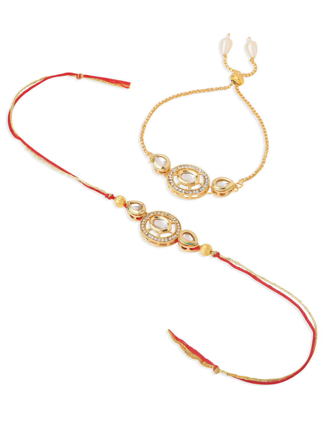 NVR Set of 2 Gold Toned Kundan Studded Bhaiya Bhabhi Rakhi Set, Combo for Rakshabandhan - Distacart