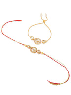 NVR Set of 2 Gold Toned Kundan Studded Bhaiya Bhabhi Rakhi with Roli Chawal Chandan & Mishri - Distacart