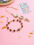 NVR Set of 2 Gold Toned Rudraksh & Pearls Bhaiya Bhabhi Rakhi with Roli Chawal Chandan & Mishri - Distacart