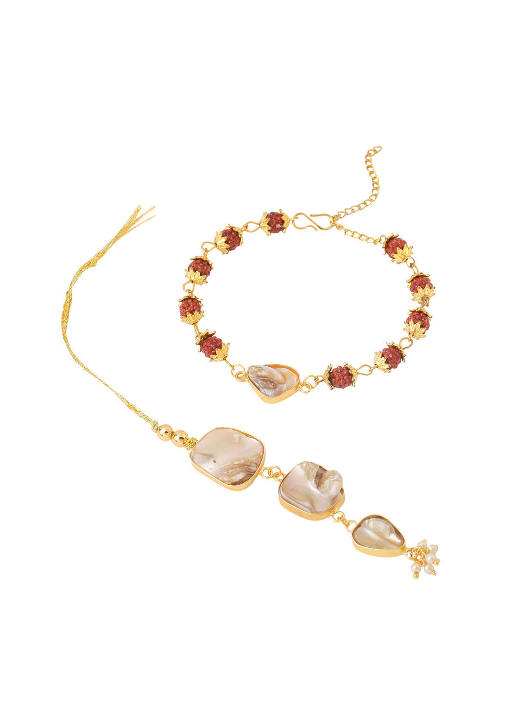 NVR Set of 2 Gold Toned Rudraksh & Pearls Bhaiya Bhabhi Rakhi with Roli Chawal Chandan & Mishri - Distacart