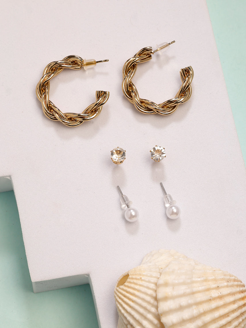NVR Women's Set of 3 Gold-Polished Artificial Stones Half Hoop Earrings - Distacart