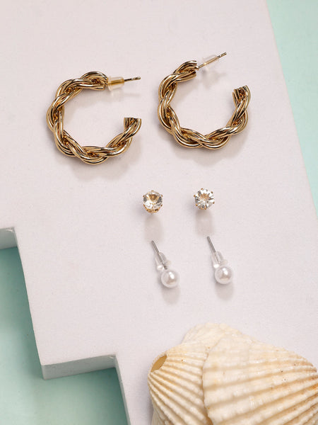 NVR Women's Set of 3 Gold-Polished Artificial Stones Half Hoop Earrings