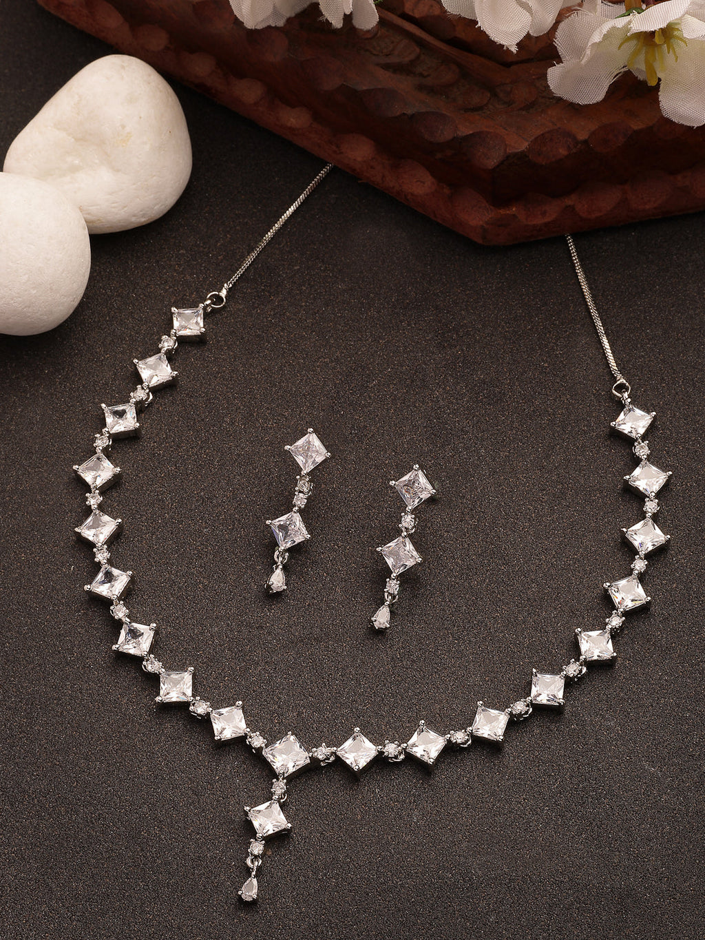 NVR Women's Silver-Plated CZ-Studded Brass Handcrafted Jewellery Set