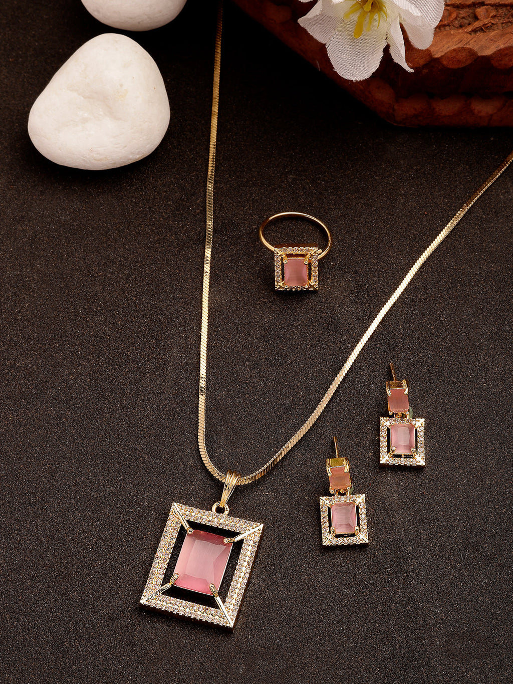 NVR Women Gold-Polished Pink American Diamond-Studded Pendant Set with Ring