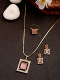 NVR Women Gold-Polished Pink American Diamond-Studded Pendant Set with Ring
