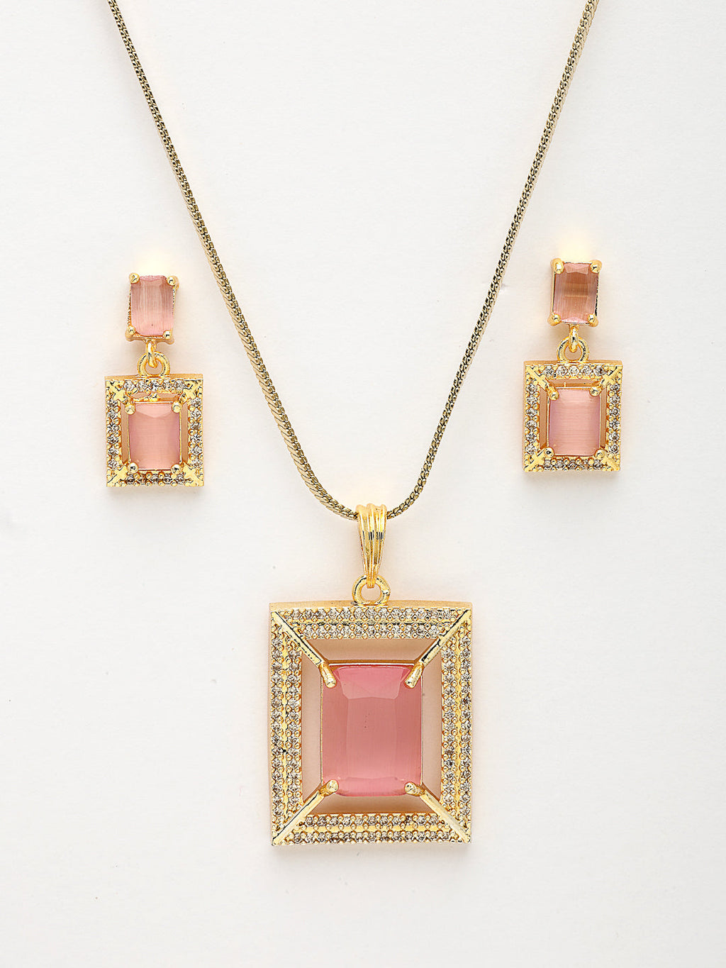 NVR Women Gold-Polished Pink American Diamond-Studded Pendant Set with Ring
