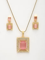 NVR Women Gold-Polished Pink American Diamond-Studded Pendant Set with Ring