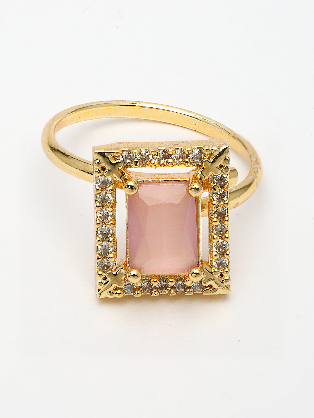 NVR Women Gold-Polished Pink American Diamond-Studded Pendant Set with Ring