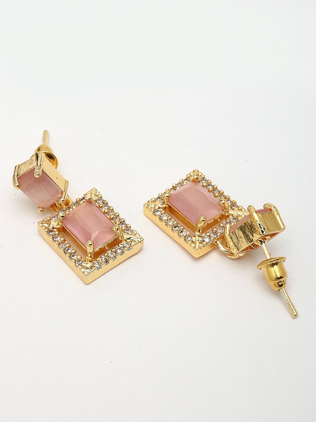 NVR Women Gold-Polished Pink American Diamond-Studded Pendant Set with Ring