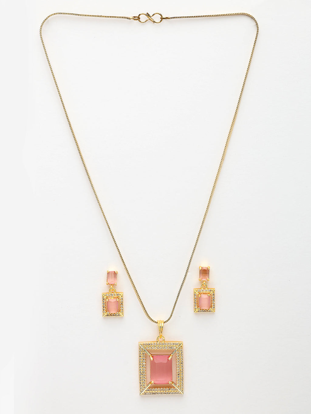 NVR Women Gold-Polished Pink American Diamond-Studded Pendant Set with Ring